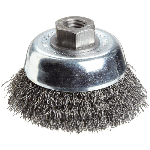 Vortec Pro 3″ Crimped Wire Cup Brush, .014″ Steel Fill, M10x1.25 Nut, Retail Pack - Americas Industrial Supply