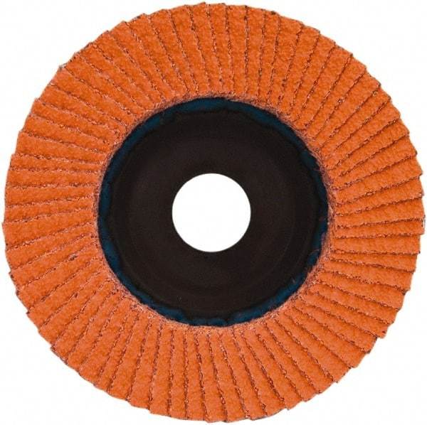 Norton - 36 Grit, 4-1/2" Disc Diam, 7/8" Center Hole, Type 27 Ceramic Alumina Flap Disc - 13,300 Max RPM, Plastic Backing, Arbor Attaching System, Coated - Americas Industrial Supply