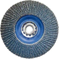 Norton - 40 Grit, 5" Disc Diam, 5/8-11 Center Hole, Type 27 Zirconia Alumina Flap Disc - 12,000 Max RPM, Plastic Backing, Arbor Attaching System, Coated - Americas Industrial Supply