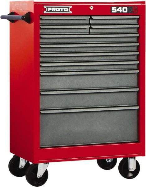 Proto - 11 Drawer Steel Tool Roller Cabinet - 27" Wide x 42" High x 18" Deep, Ball Bearing Drawer Slides, Safety Red/Gray - Americas Industrial Supply