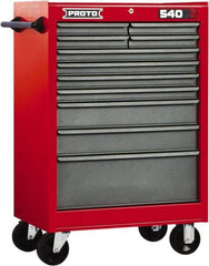 Proto - 11 Drawer Steel Tool Roller Cabinet - 27" Wide x 42" High x 18" Deep, Ball Bearing Drawer Slides, Safety Red/Gray - Americas Industrial Supply
