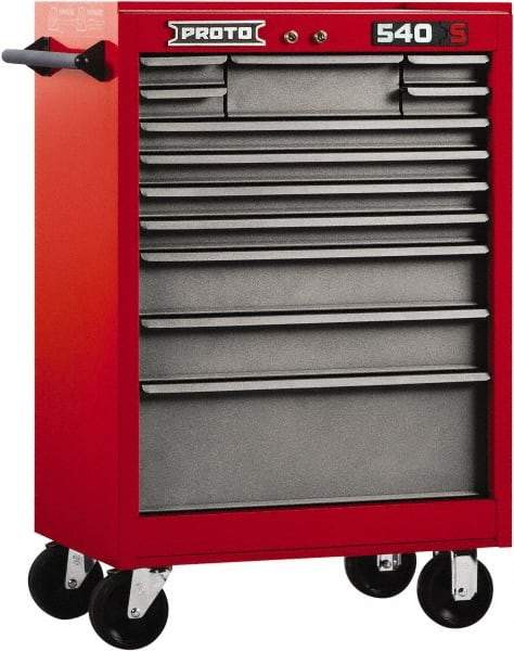Proto - 12 Drawer Steel Tool Roller Cabinet - 27" Wide x 42" High x 18" Deep, Ball Bearing Drawer Slides, Safety Red/Gray - Americas Industrial Supply