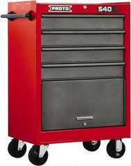 Proto - 4 Drawer Steel Tool Roller Cabinet - 27" Wide x 42" High x 18" Deep, Ball Bearing Drawer Slides, Safety Red/Gray - Americas Industrial Supply