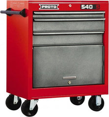Proto - 3 Drawer Steel Tool Roller Cabinet - 27" Wide x 35" High x 18" Deep, Ball Bearing Drawer Slides, Safety Red/Gray - Americas Industrial Supply