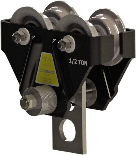 CIGNYS - 0.5 Ton Capacity Plain Adjustable Trolley - 2-21/32" to 4-21/32" Flange Width, 3-1/8" Wheel Diam, 4" to 10" I-Beam, 24" Min Radius - Americas Industrial Supply