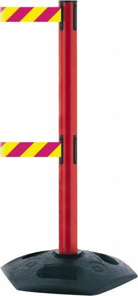 Tensator - 38" High, 2-1/2" Pole Diam, 4 Way Stanchion - 19" Base Diam, Octagon Recycled Rubber Base, Red Plastic Post, 7-1/2' x 2" Tape, Dual Line Tape, For Outdoor Use - Americas Industrial Supply