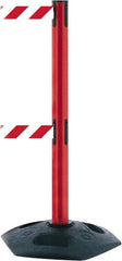 Tensator - 38" High, 2-1/2" Pole Diam, 4 Way Stanchion - 19" Base Diam, Octagon Recycled Rubber Base, Red Plastic Post, 7-1/2' x 2" Tape, Dual Line Tape, For Outdoor Use - Americas Industrial Supply