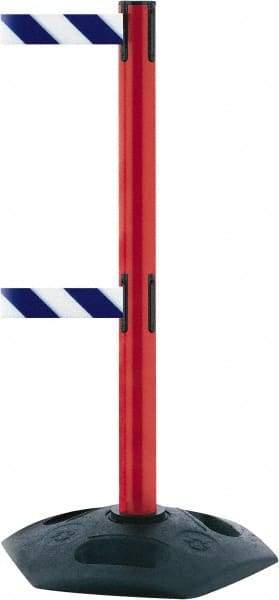 Tensator - 38" High, 2-1/2" Pole Diam, 4 Way Stanchion - 19" Base Diam, Octagon Recycled Rubber Base, Red Plastic Post, 7-1/2' x 2" Tape, Dual Line Tape, For Outdoor Use - Americas Industrial Supply