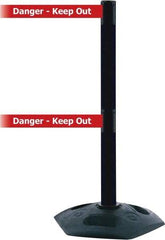 Tensator - 38" High, 2-1/2" Pole Diam, 4 Way Stanchion - 19" Base Diam, Octagon Recycled Rubber Base, Black Plastic Post, 7-1/2' x 2" Tape, Dual Line Tape, For Outdoor Use - Americas Industrial Supply