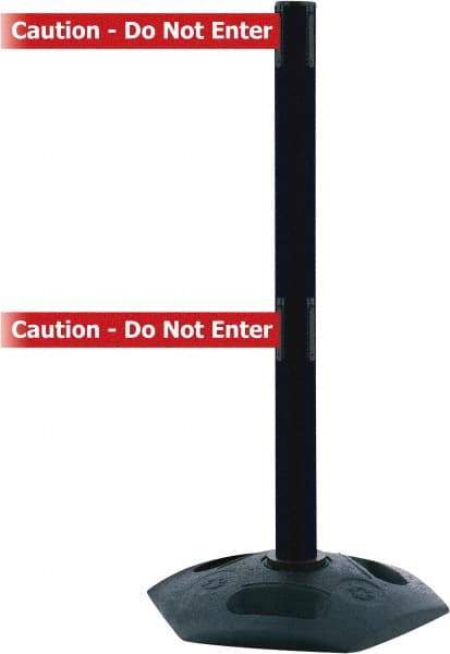 Tensator - 38" High, 2-1/2" Pole Diam, 4 Way Stanchion - 19" Base Diam, Octagon Recycled Rubber Base, Black Plastic Post, 7-1/2' x 2" Tape, Dual Line Tape, For Outdoor Use - Americas Industrial Supply