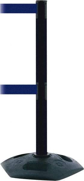 Tensator - 38" High, 2-1/2" Pole Diam, 4 Way Stanchion - 19" Base Diam, Octagon Recycled Rubber Base, Black Plastic Post, 7-1/2' x 2" Tape, Dual Line Tape, For Outdoor Use - Americas Industrial Supply