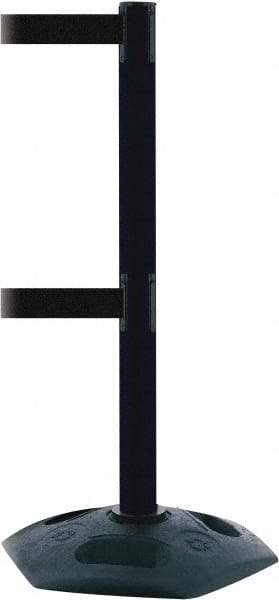 Tensator - 38" High, 2-1/2" Pole Diam, 4 Way Stanchion - 19" Base Diam, Octagon Recycled Rubber Base, Black Plastic Post, 7-1/2' x 2" Tape, Dual Line Tape, For Outdoor Use - Americas Industrial Supply