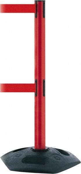 Tensator - 38" High, 2-1/2" Pole Diam, 4 Way Stanchion - 19" Base Diam, Octagon Recycled Rubber Base, Red Plastic Post, 13' x 2" Tape, Dual Line Tape, For Outdoor Use - Americas Industrial Supply