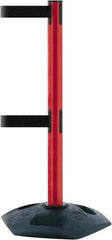 Tensator - 38" High, 2-1/2" Pole Diam, 4 Way Stanchion - 19" Base Diam, Octagon Recycled Rubber Base, Red Plastic Post, 13' x 2" Tape, Dual Line Tape, For Outdoor Use - Americas Industrial Supply