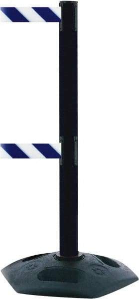 Tensator - 38" High, 2-1/2" Pole Diam, 4 Way Stanchion - 19" Base Diam, Octagon Recycled Rubber Base, Black Plastic Post, 13' x 2" Tape, Dual Line Tape, For Outdoor Use - Americas Industrial Supply