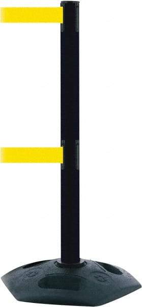 Tensator - 38" High, 2-1/2" Pole Diam, 4 Way Stanchion - 19" Base Diam, Octagon Recycled Rubber Base, Black Plastic Post, 13' x 2" Tape, Dual Line Tape, For Outdoor Use - Americas Industrial Supply