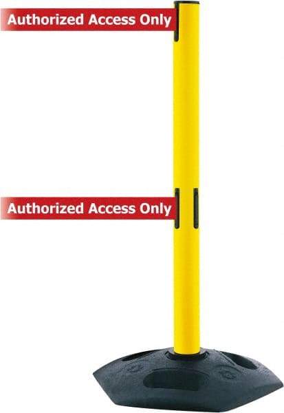 Tensator - 38" High, 2-1/2" Pole Diam, 4 Way Stanchion - 19" Base Diam, Octagon Recycled Rubber Base, Yellow Plastic Post, 7-1/2' x 2" Tape, Dual Line Tape, For Outdoor Use - Americas Industrial Supply