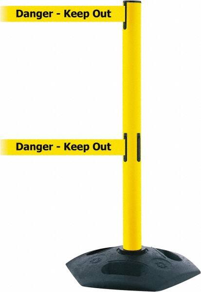 Tensator - 38" High, 2-1/2" Pole Diam, 4 Way Stanchion - 19" Base Diam, Octagon Recycled Rubber Base, Yellow Plastic Post, 7-1/2' x 2" Tape, Dual Line Tape, For Outdoor Use - Americas Industrial Supply