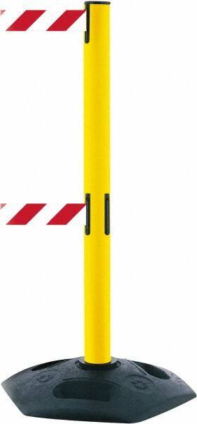Tensator - 38" High, 2-1/2" Pole Diam, 4 Way Stanchion - 19" Base Diam, Octagon Recycled Rubber Base, Yellow Plastic Post, 7-1/2' x 2" Tape, Dual Line Tape, For Outdoor Use - Americas Industrial Supply
