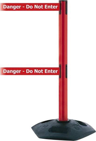 Tensator - 38" High, 2-1/2" Pole Diam, 4 Way Stanchion - 19" Base Diam, Octagon Recycled Rubber Base, Red Plastic Post, 7-1/2' x 2" Tape, Dual Line Tape, For Outdoor Use - Americas Industrial Supply