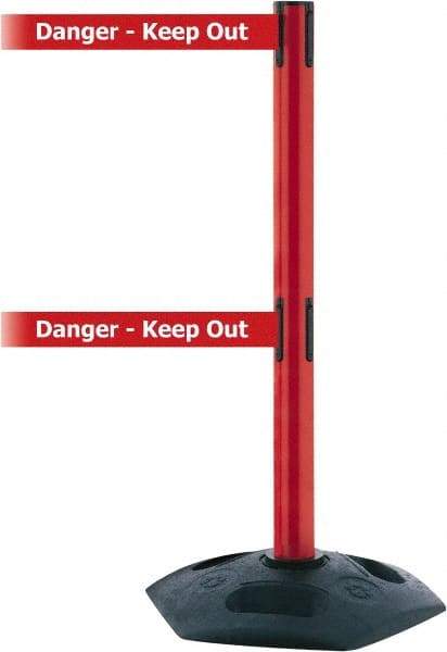 Tensator - 38" High, 2-1/2" Pole Diam, 4 Way Stanchion - 19" Base Diam, Octagon Recycled Rubber Base, Red Plastic Post, 7-1/2' x 2" Tape, Dual Line Tape, For Outdoor Use - Americas Industrial Supply