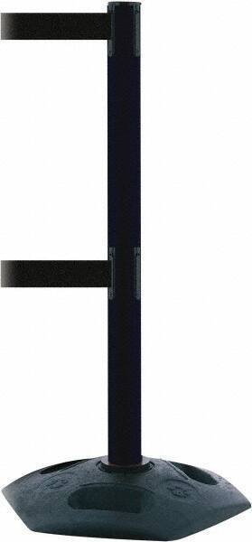 Tensator - 38" High, 2-1/2" Pole Diam, 4 Way Stanchion - 19" Base Diam, Octagon Recycled Rubber Base, Black Plastic Post, 13' x 2" Tape, Dual Line Tape, For Outdoor Use - Americas Industrial Supply