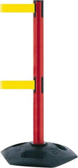 Tensator - 38" High, 2-1/2" Pole Diam, 4 Way Stanchion - 19" Base Diam, Octagon Recycled Rubber Base, Red Plastic Post, 13' x 2" Tape, Dual Line Tape, For Outdoor Use - Americas Industrial Supply