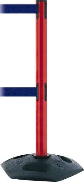 Tensator - 38" High, 2-1/2" Pole Diam, 4 Way Stanchion - 19" Base Diam, Octagon Recycled Rubber Base, Red Plastic Post, 13' x 2" Tape, Dual Line Tape, For Outdoor Use - Americas Industrial Supply