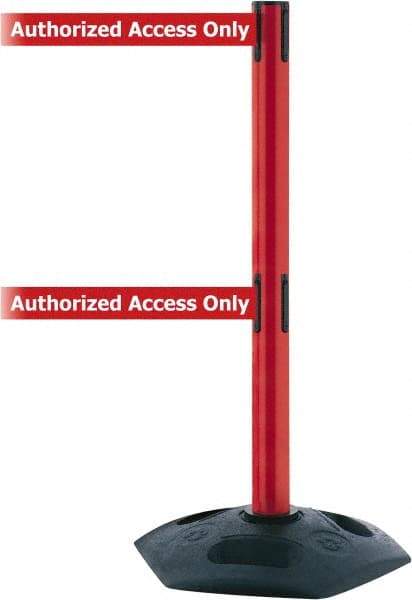 Tensator - 38" High, 2-1/2" Pole Diam, 4 Way Stanchion - 19" Base Diam, Octagon Recycled Rubber Base, Red Plastic Post, 13' x 2" Tape, Dual Line Tape, For Outdoor Use - Americas Industrial Supply