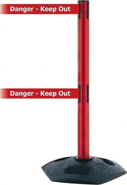 Tensator - 38" High, 2-1/2" Pole Diam, 4 Way Stanchion - 19" Base Diam, Octagon Recycled Rubber Base, Red Plastic Post, 13' x 2" Tape, Dual Line Tape, For Outdoor Use - Americas Industrial Supply