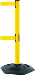Tensator - 38" High, 2-1/2" Pole Diam, 4 Way Stanchion - 19" Base Diam, Octagon Recycled Rubber Base, Yellow Plastic Post, 13' x 2" Tape, Dual Line Tape, For Outdoor Use - Americas Industrial Supply