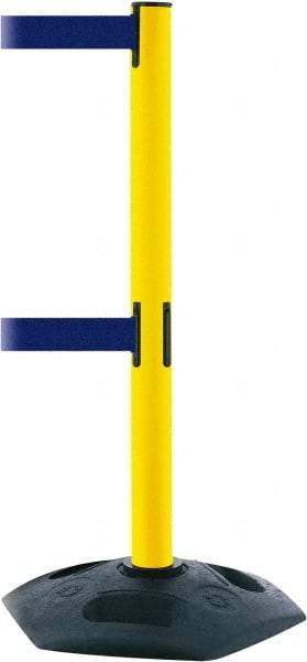 Tensator - 38" High, 2-1/2" Pole Diam, 4 Way Stanchion - 19" Base Diam, Octagon Recycled Rubber Base, Yellow Plastic Post, 13' x 2" Tape, Dual Line Tape, For Outdoor Use - Americas Industrial Supply