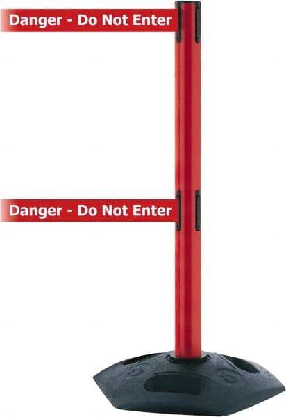Tensator - 38" High, 2-1/2" Pole Diam, 4 Way Stanchion - 19" Base Diam, Octagon Recycled Rubber Base, Red Plastic Post, 13' x 2" Tape, Dual Line Tape, For Outdoor Use - Americas Industrial Supply