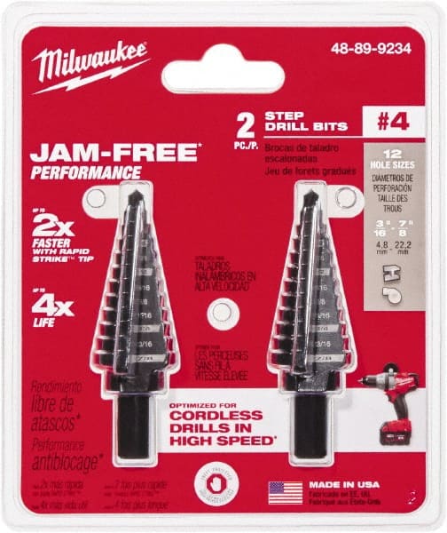 Milwaukee Tool - 10 Hole Sizes, 3/16 to 7/8" Hole Diam Steel Step Drill Bit - Americas Industrial Supply