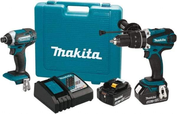 Makita - 18 Volt Cordless Tool Combination Kit - Includes 1/2" Hammer Drill/Driver & Impact Driver, Lithium-Ion Battery Included - Americas Industrial Supply