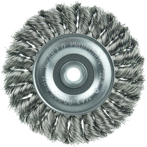 Vortec Pro 4″ Knot Wire Wheel, Standard Twist, .014″ Steel Fill, 1/2″-3/8″ Arbor Hole - Americas Industrial Supply