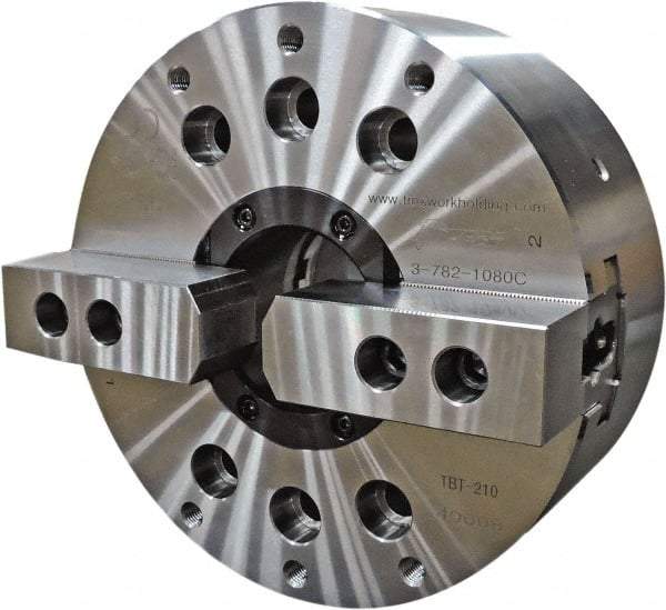 TMX - 2 Jaws, 10" Chuck Diam, Plain Back Mount, 3.0315" Through Hole, Drawtube, Hydraulic Power Lathe Chuck - 1.2205" to 10" Jaw Capacity, 4,200 RPM - Americas Industrial Supply