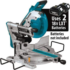 Makita - 36 Amp, 18 Volt, 4,400 RPM, 60° Double Bevel Sliding Miter Saw - 5/8" Arbor, 10" Blade Diam, Includes Vertical Vise, Dust Bag, Triangular Rule, Hex Wrench & 10" x 5/8" 40T Micro-Polished Miter Saw Blade - Americas Industrial Supply