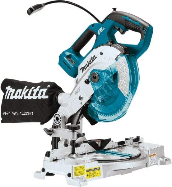 Makita - 36 Amp, 18 Volt, 5,000 RPM, 52° Double Bevel Miter Saw - 5/8" Arbor, 6-1/2" Blade Diam, Includes Triangular Rule, Vertical Vise, Dust Bag, (1) 6-1/2" x 5/8" 64T Micro-Polished Miter Saw Blade & Hex Wrench - Americas Industrial Supply