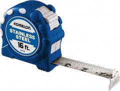 Komelon - 16' x 1" White Stainless Steel Blade Tape Measure - 1/16" Graduation, Inch Graduation Style, Blue/Silver ABS Plastic Case - Americas Industrial Supply