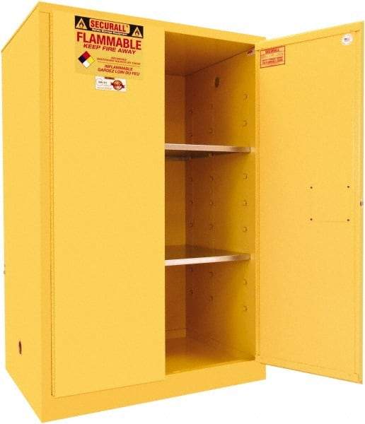Securall Cabinets - 2 Door, 2 Shelf, Yellow Steel Standard Safety Cabinet for Flammable and Combustible Liquids - 65" High x 43" Wide x 31" Deep, Manual Closing Door, 3 Point Key Lock, 90 Gal Capacity - Americas Industrial Supply