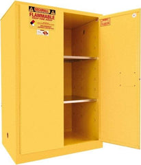 Securall Cabinets - 2 Door, 2 Shelf, Yellow Steel Standard Safety Cabinet for Flammable and Combustible Liquids - 65" High x 43" Wide x 31" Deep, Manual Closing Door, 3 Point Key Lock, 90 Gal Capacity - Americas Industrial Supply