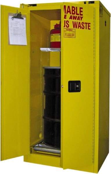 Securall Cabinets - 31" Wide x 31" Deep x 67" High, 18 Gauge Steel Vertical Drum Cabinet with 3 Point Key Lock - Yellow, Self-Closing Door, 1 Shelf, 1 Drum, Drum Rollers Included - Americas Industrial Supply