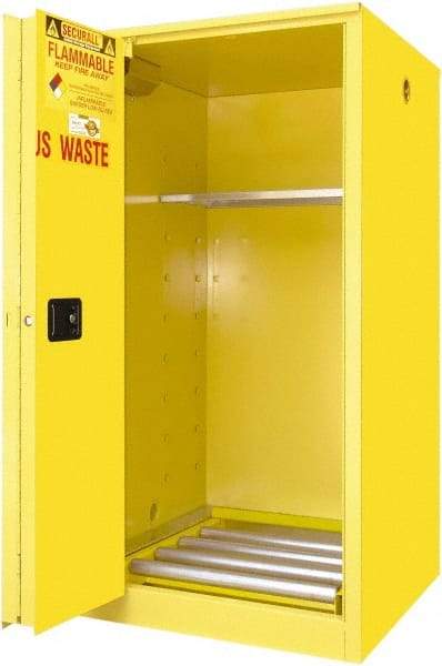 Securall Cabinets - 34" Wide x 34" Deep x 65" High, 18 Gauge Steel Vertical Drum Cabinet with 3 Point Key Lock - Yellow, Self-Closing Door, 1 Shelf, 1 Drum, Drum Rollers Included - Americas Industrial Supply