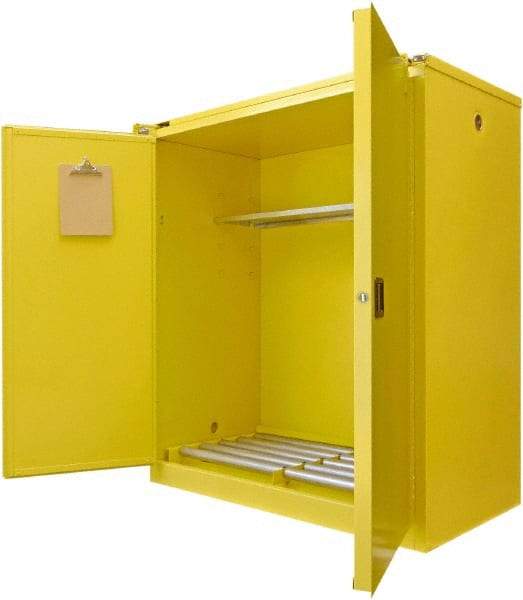 Securall Cabinets - 56" Wide x 31" Deep x 67" High, 18 Gauge Steel Vertical Drum Cabinet with 3 Point Key Lock - Yellow, Self-Closing Door, 1 Shelf, 2 Drums, Drum Rollers Included - Americas Industrial Supply