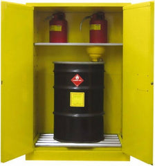 Securall Cabinets - 43" Wide x 31" Deep x 67" High, 18 Gauge Steel Vertical Drum Cabinet with 3 Point Key Lock - Yellow, Self-Closing Door, 1 Shelf, 2 Drums, Drum Rollers Included - Americas Industrial Supply