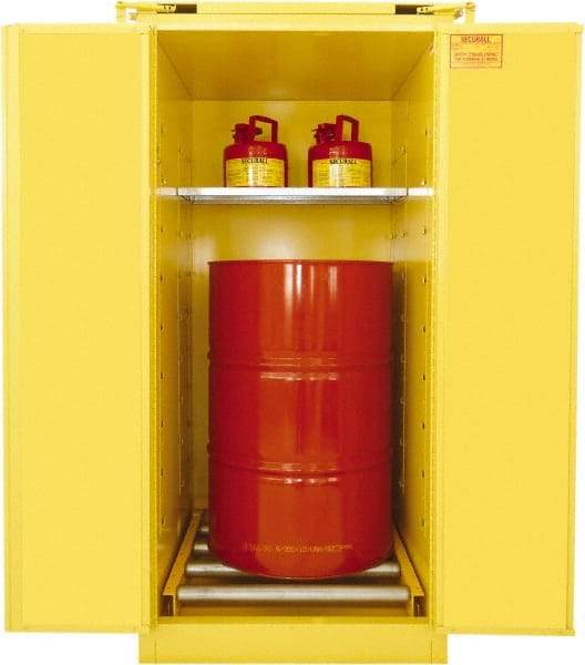 Securall Cabinets - 31" Wide x 31" Deep x 67" High, 18 Gauge Steel Vertical Drum Cabinet with 3 Point Key Lock - Yellow, Self-Closing Door, 1 Shelf, 1 Drum, Drum Rollers Included - Americas Industrial Supply