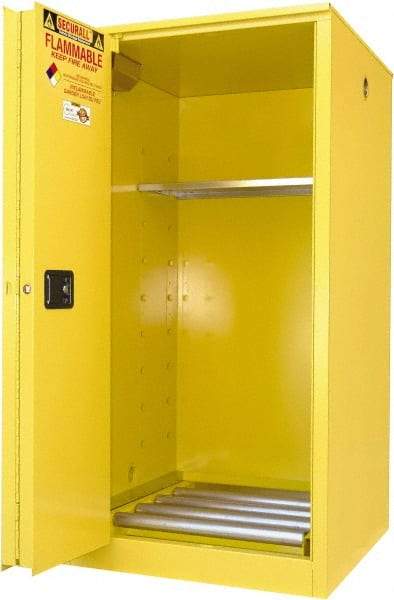 Securall Cabinets - 34" Wide x 34" Deep x 65" High, 18 Gauge Steel Vertical Drum Cabinet with 3 Point Key Lock - Yellow, Sliding Door Door, 1 Shelf, 1 Drum, Drum Rollers Included - Americas Industrial Supply