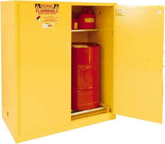 Securall Cabinets - 56" Wide x 31" Deep x 65" High, 18 Gauge Steel Vertical Drum Cabinet with 3 Point Key Lock - Yellow, Manual Closing Door, 3 Shelves, 1 Drum, Drum Rollers Included - Americas Industrial Supply