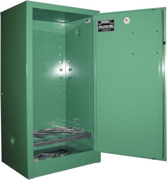 Securall Cabinets - 1 Door, Green Steel Standard Safety Cabinet for Flammable and Combustible Liquids - 65" High x 43" Wide x 34" Deep, Manual Closing Door, 3 Point Key Lock, H Cylinder Capacity - Americas Industrial Supply